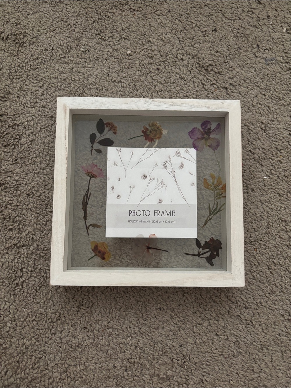 White Wood Shadow Box Photo Frame with Pressed Flower Accent